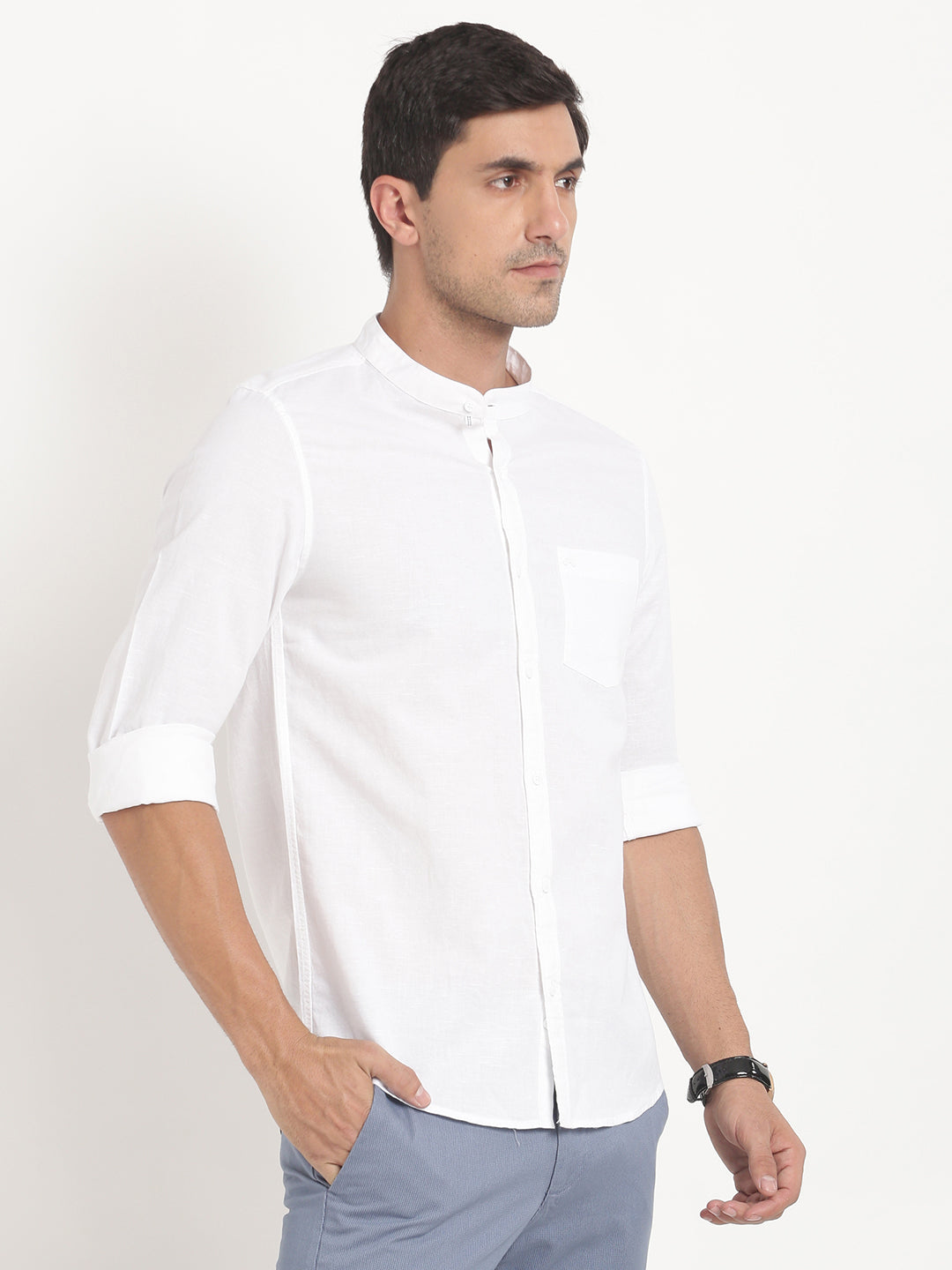 Cotton Linen White Plain Slim Fit Mandarin Collar Casual Shirt