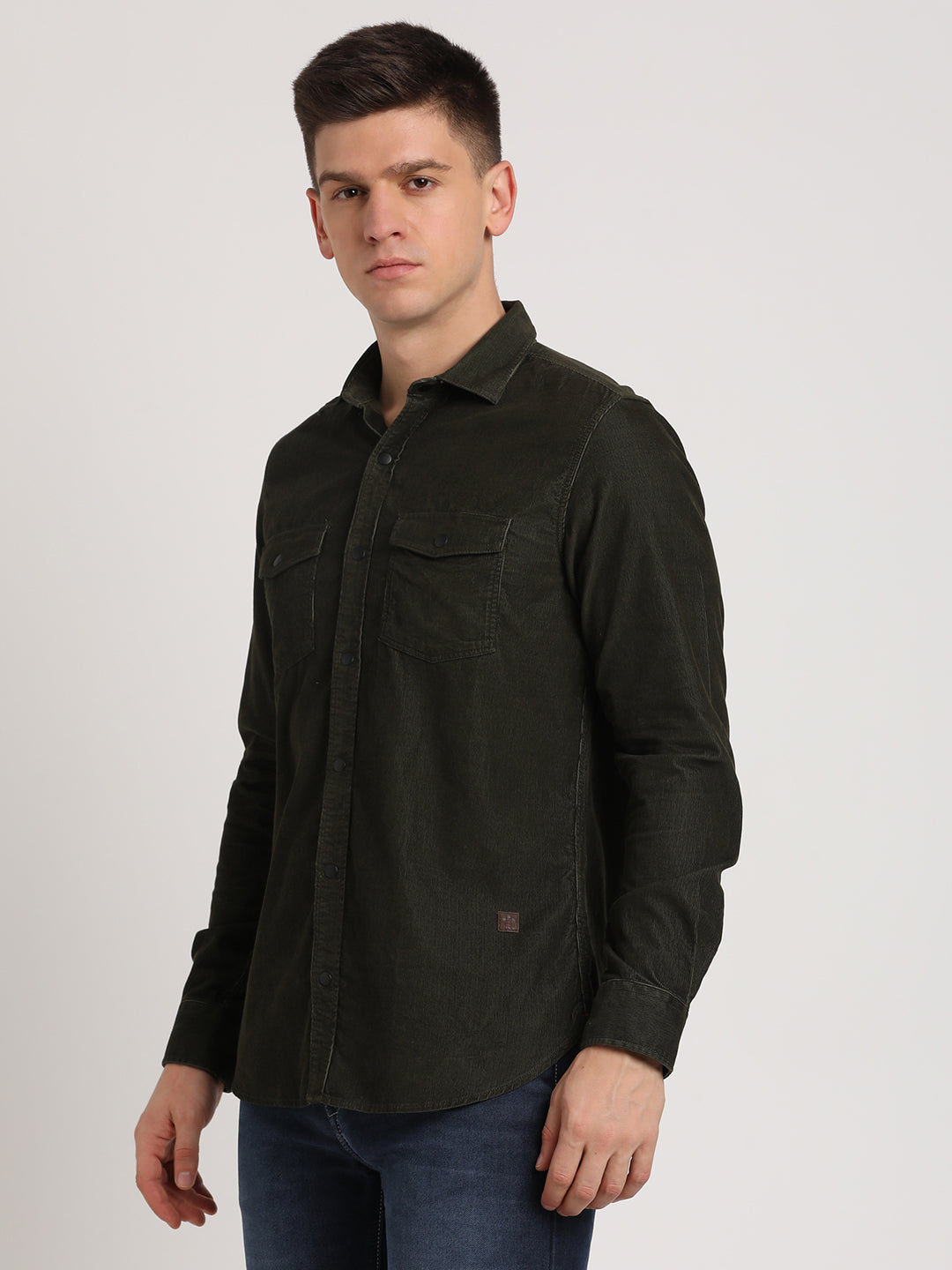 100% Cotton Dark Green Plain Slim Fit Full Sleeve Casual Shirt