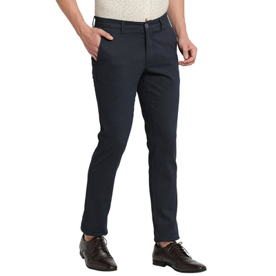 Turtle Men Navy Blue Narrow Fit Self Design Casual Trousers