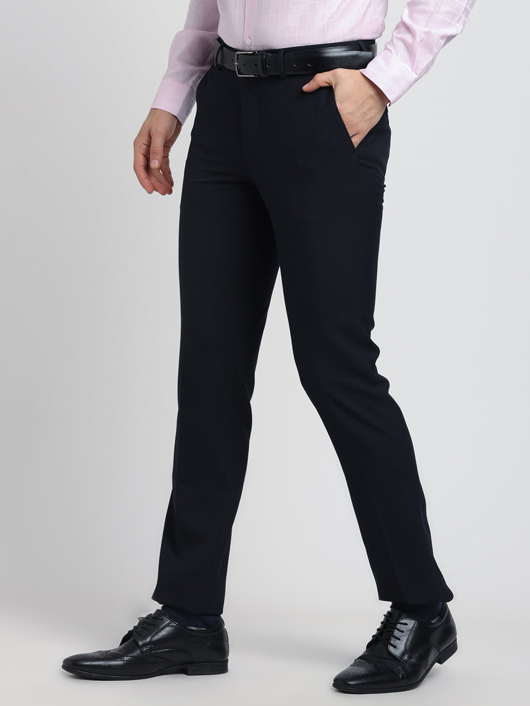 Poly Viscose Navy Plain Slim Fit Flat Front Formal Trouser