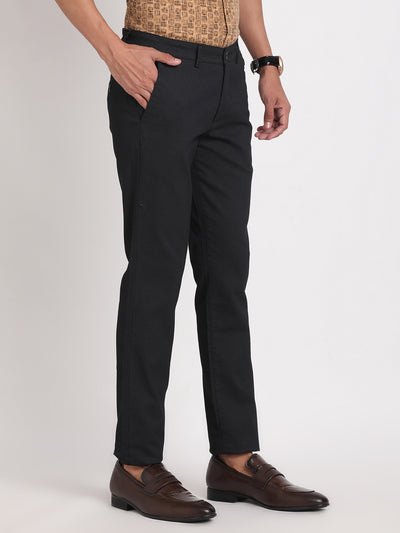 Cotton Stretch Black Printed Narrow Fit Flat Front Casual Trouser