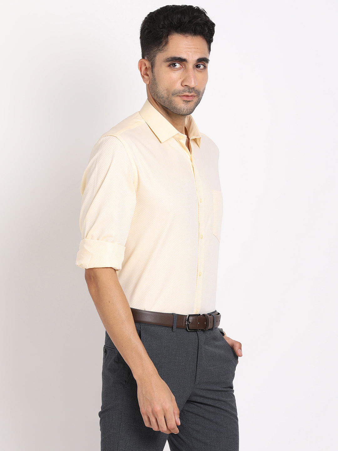 100% Cotton Beige Dobby Regular Fit Full Sleeve Formal Shirt