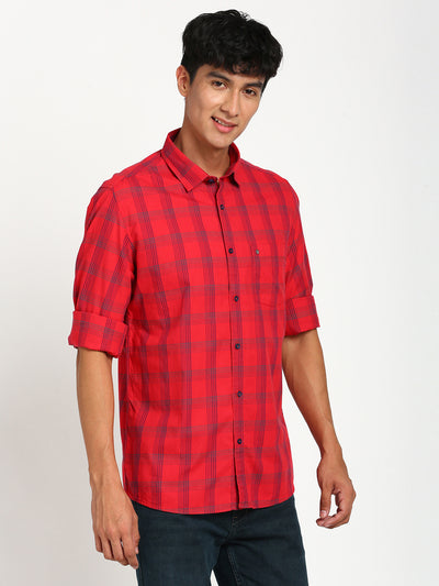 100% Cotton Red Checkered Slim Fit Full Sleeve Casual Shirt