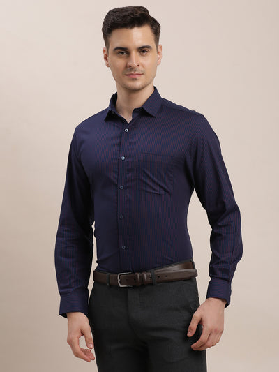 100% Cotton Dark Blue Striped Regular Fit Full Sleeve Formal Shirt