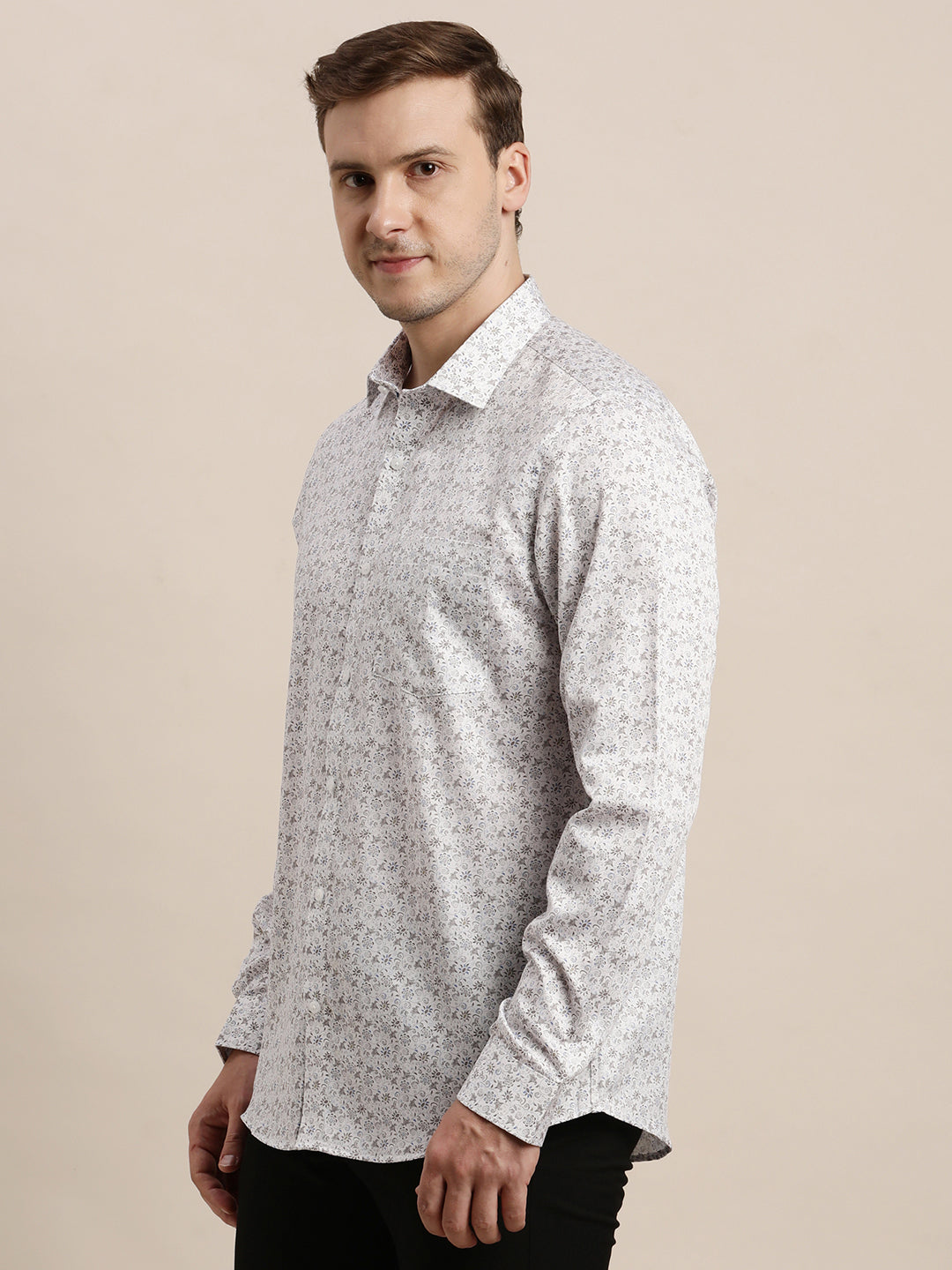 100% Cotton White Printed Slim Fit Full Sleeve Formal Shirt