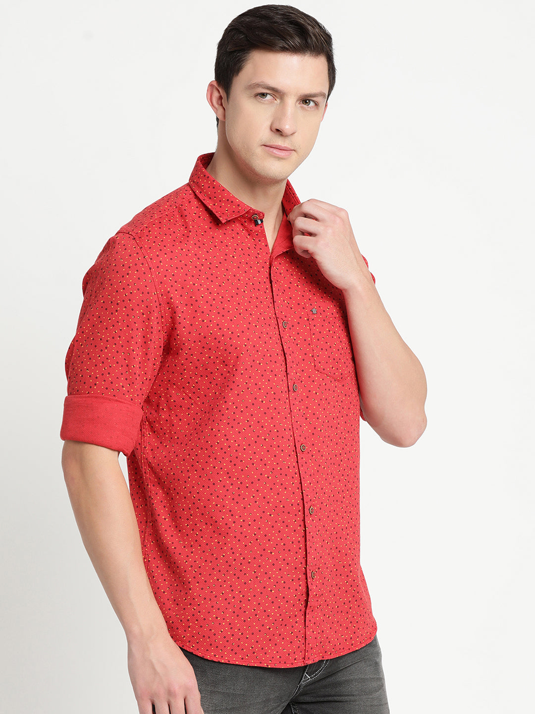 100% Cotton Red Printed Slim Fit Full Sleeve Casual Shirt