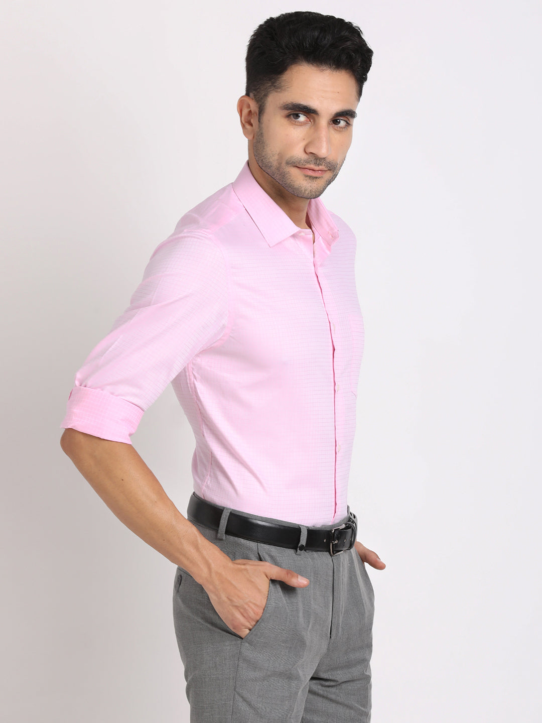 Giza Cotton Light Pink Checkered Slim Fit Full Sleeve Formal Shirt