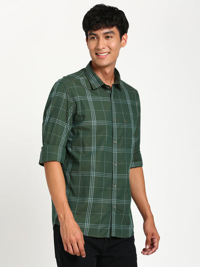 100% Cotton Green Checkered Slim Fit Full Sleeve Casual Shirt