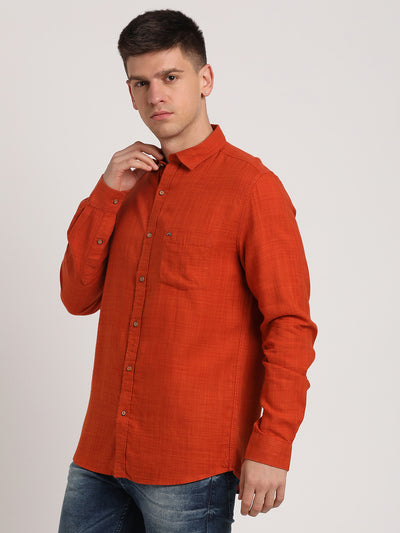 Cotton Lyocell Orange Plain Slim Fit Full Sleeve Casual Shirt