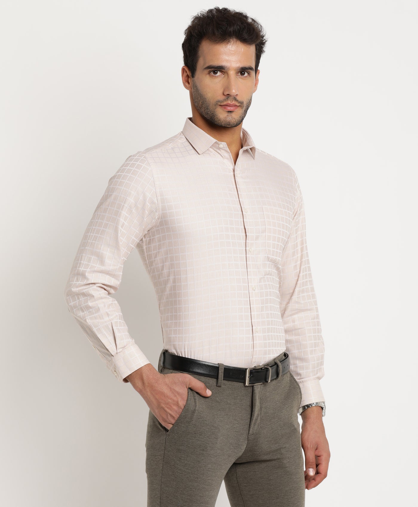 Giza Cotton Beige Checkered Regular Fit Full Sleeve Formal Shirt