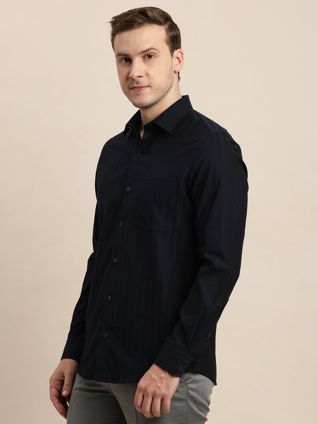 100% Cotton Navy Blue Striped Slim Fit Full Sleeve Formal Shirt