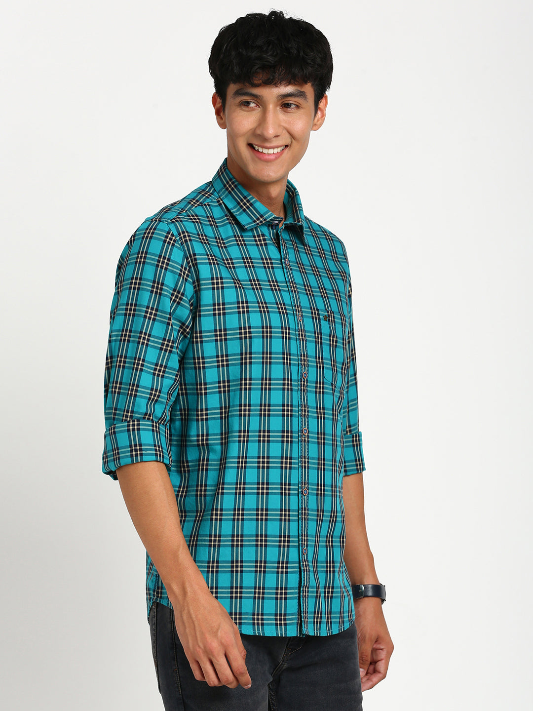 100% Cotton Turquoise Blue Checkered Slim Fit Full Sleeve Casual Shirt