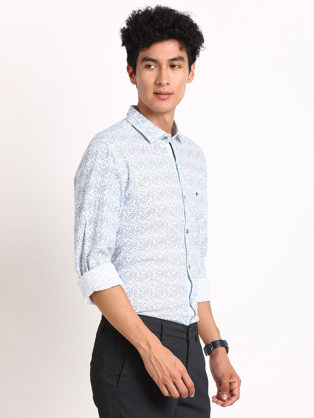 100% Cotton Off White Printed Slim Fit Full Sleeve Casual Shirt