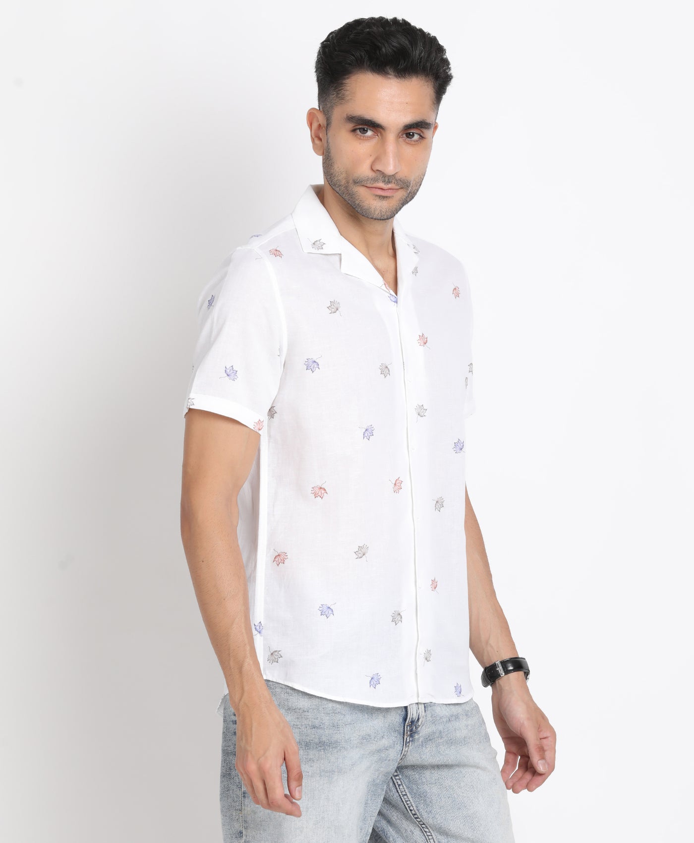 Cotton Linen White Printed Slim Fit Half Sleeve Cuban Collar Casual Shirt