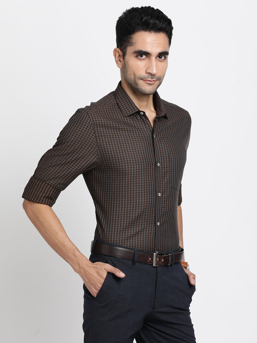 Giza Cotton Brown Checkered Slim Fit Full Sleeve Formal Shirt