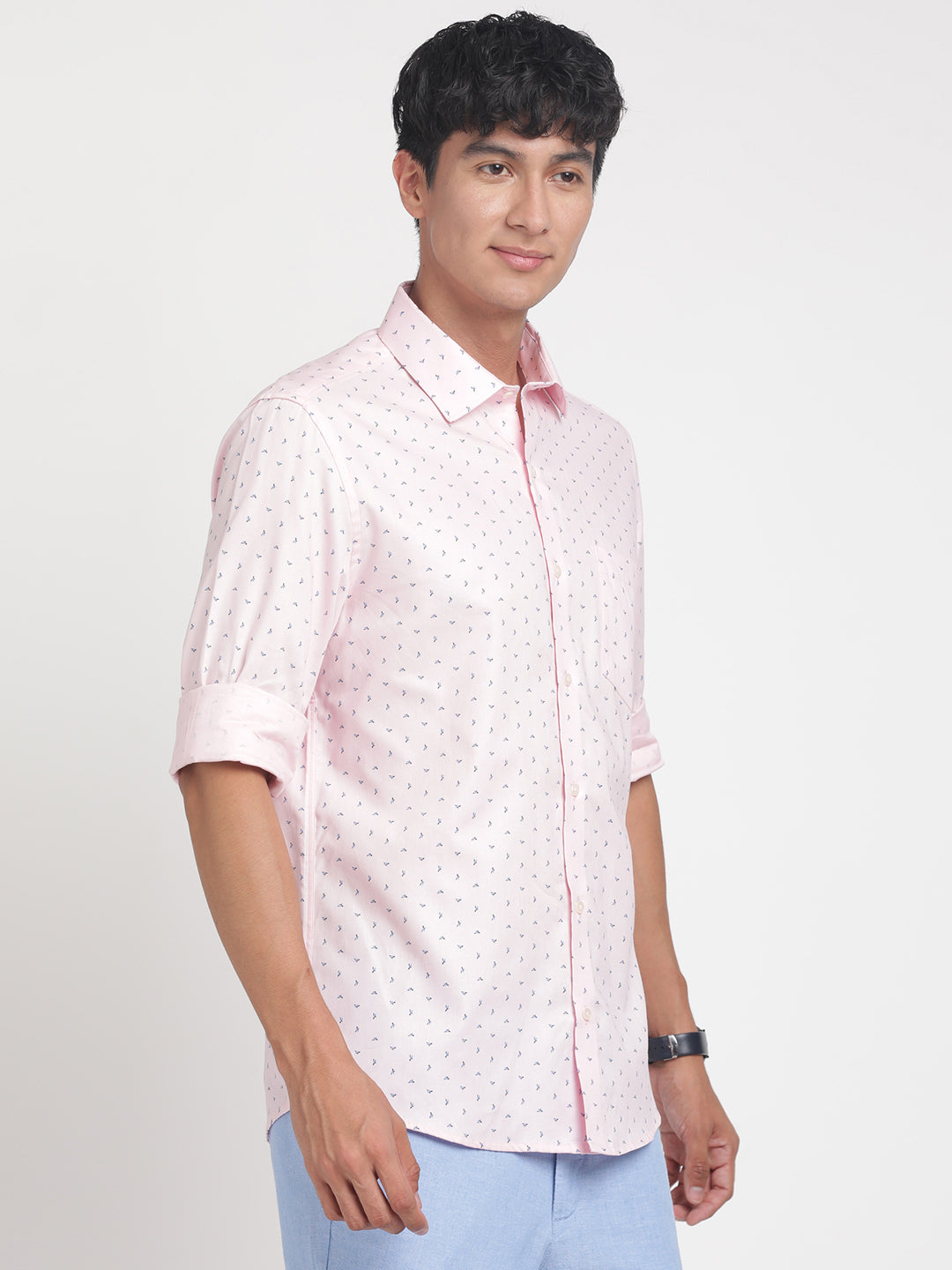 100% Cotton Light Pink Printed Slim Fit Full Sleeve Formal Shirt