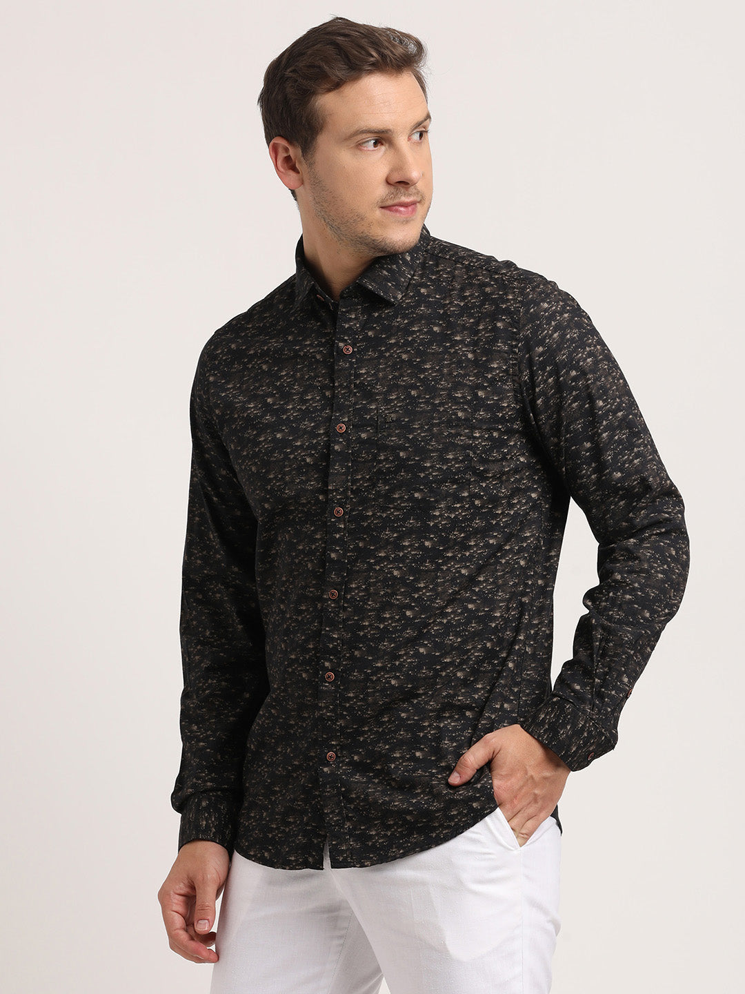 Cotton Linen Black Printed Slim Fit Full Sleeve Casual Shirt