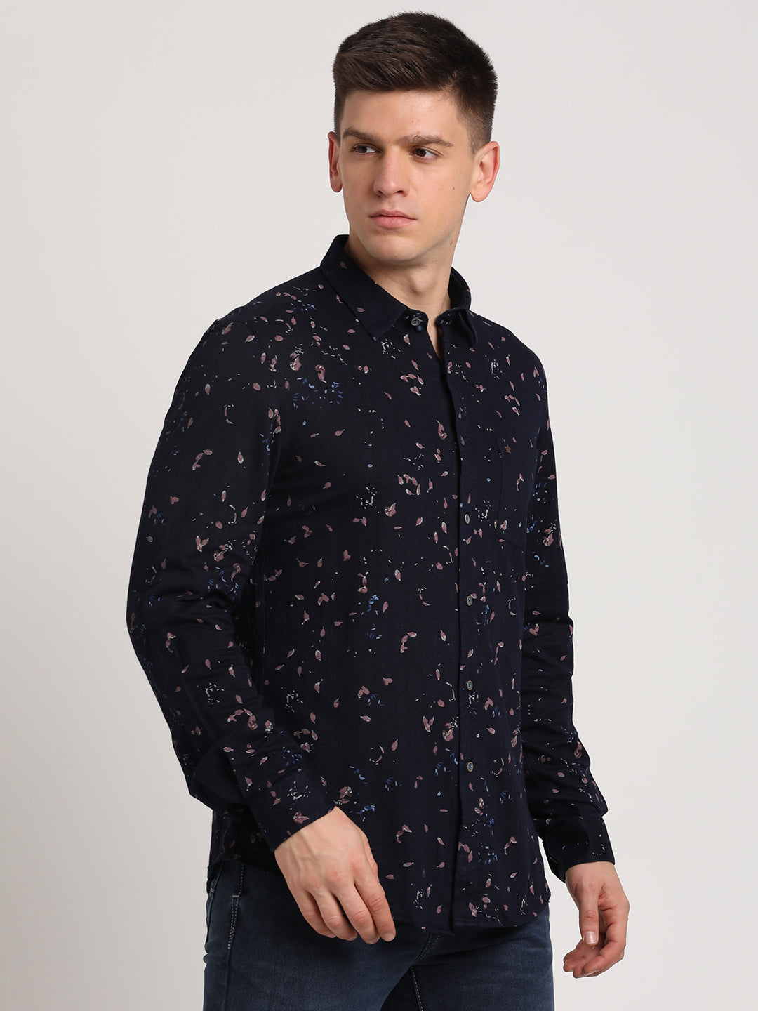 100% Cotton Navy Blue Printed Slim Fit Full Sleeve Casual Shirt