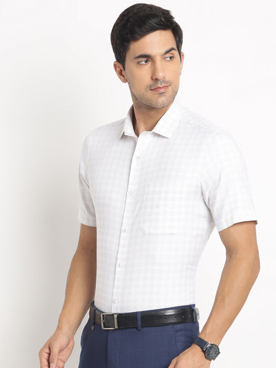 100% Cotton White Checkered Regular Fit Half Sleeve Formal Shirt