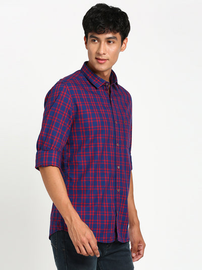 100% Cotton Navy Blue Checkered Slim Fit Full Sleeve Casual Shirt