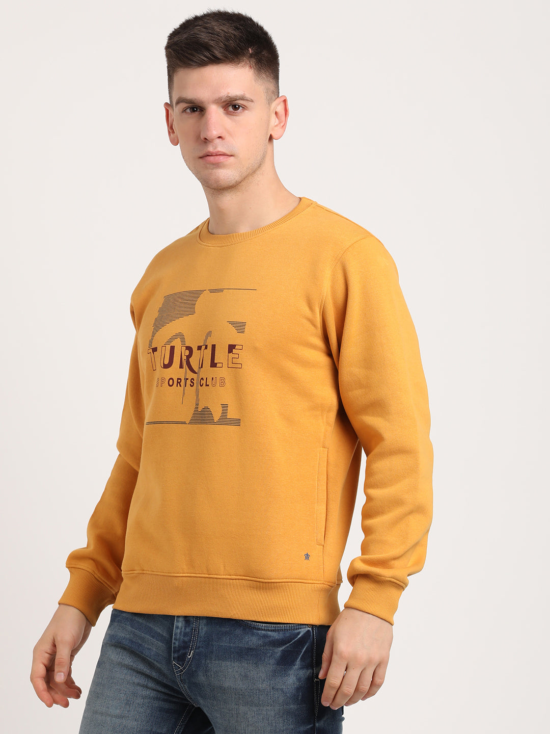 Cotton Stretch Yellow Plain Regular Fit Full Sleeve Casual Sweatshirt