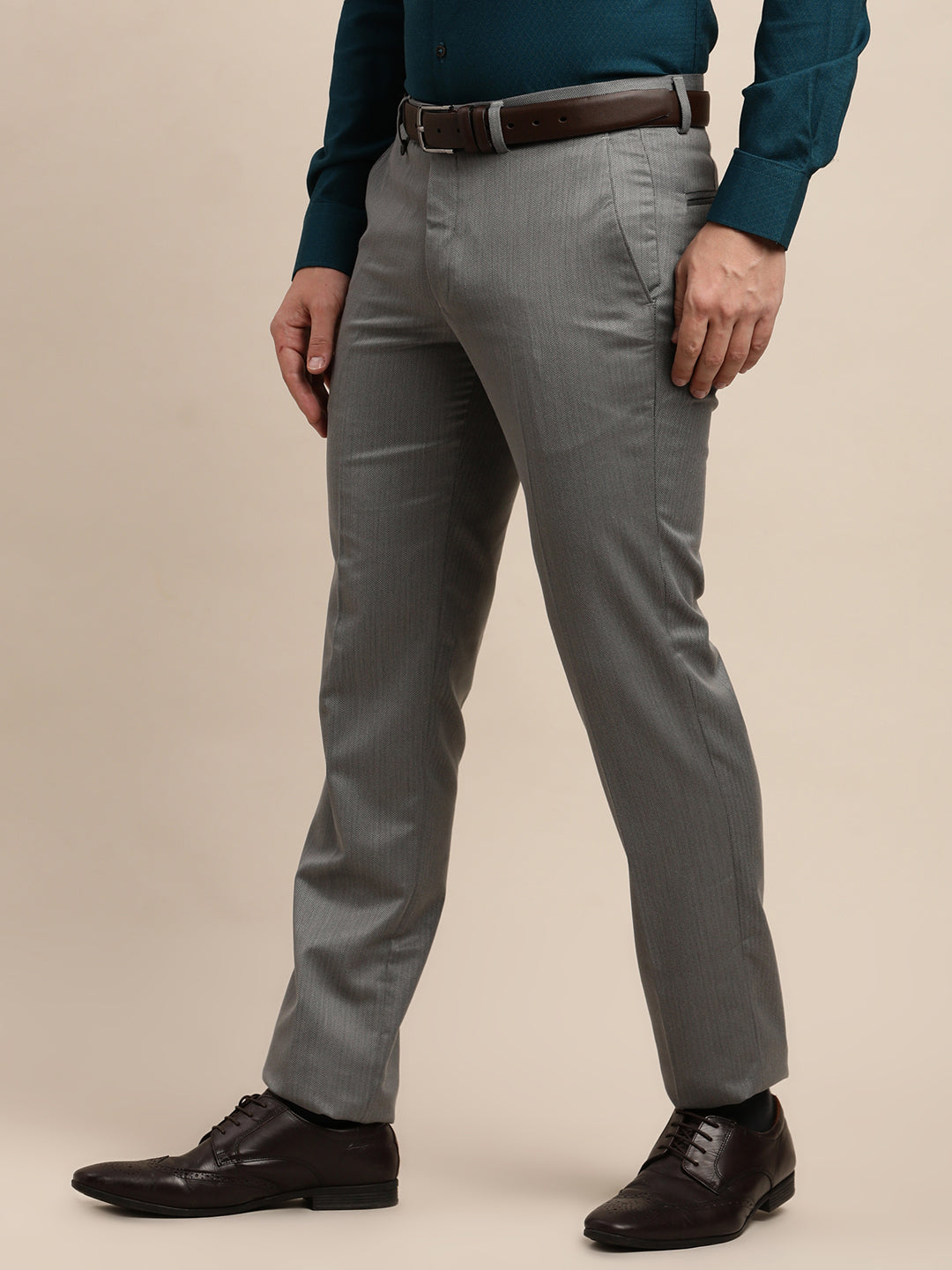 Poly Viscose Stretch Grey Dobby Slim Fit Flat Front Formal Trouser