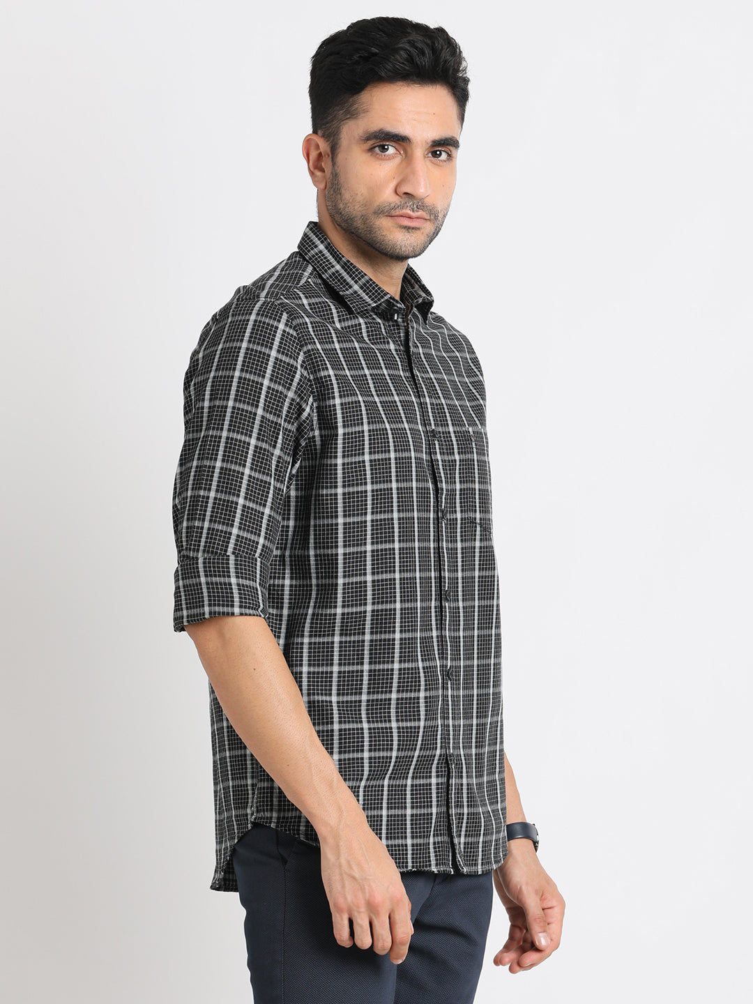 Cotton Melange Black Checkered Slim Fit Full Sleeve Casual Shirt