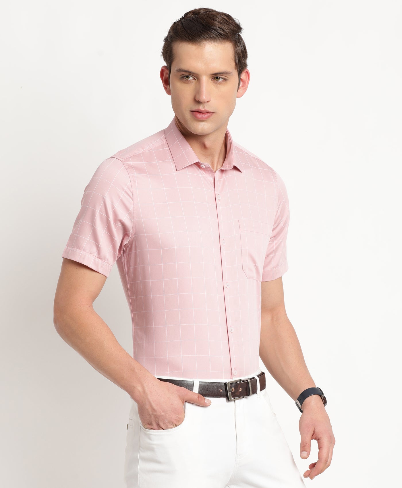 100% Cotton Peach Checkered Regular Fit Half Sleeve Formal Shirt