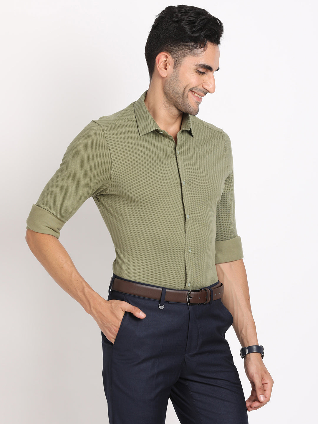 Knitted Green Printed Slim Fit Full Sleeve Formal Shirt