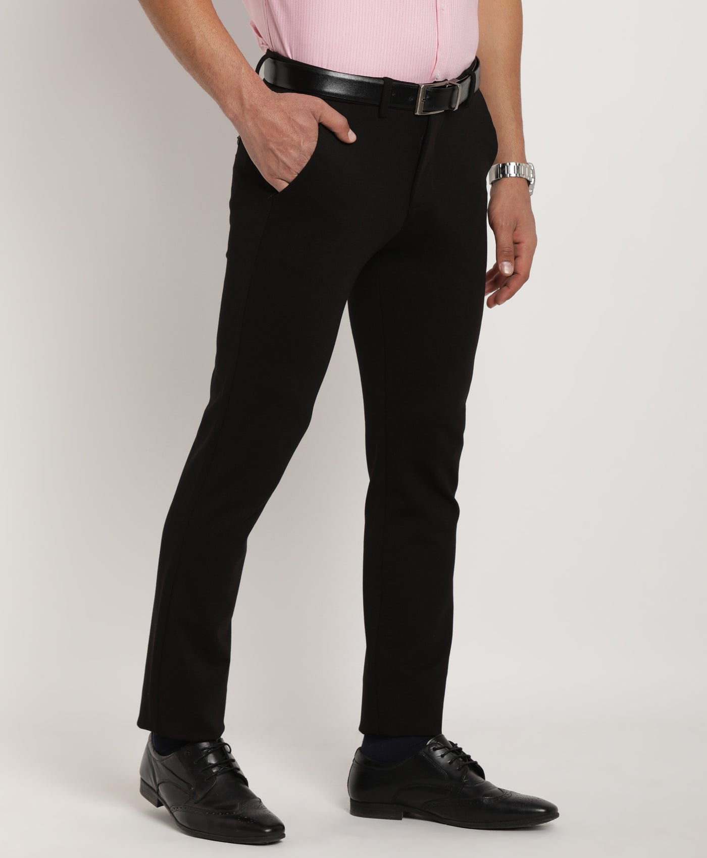 Cotton Stretch Black Plain Ultra Slim Fit Flat Front Casual Trouser