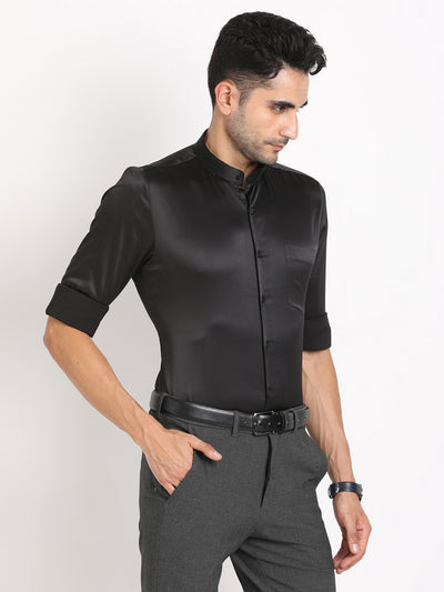 Cotton Black Plain Regular Fit Mandarin Collar Formal Shirt