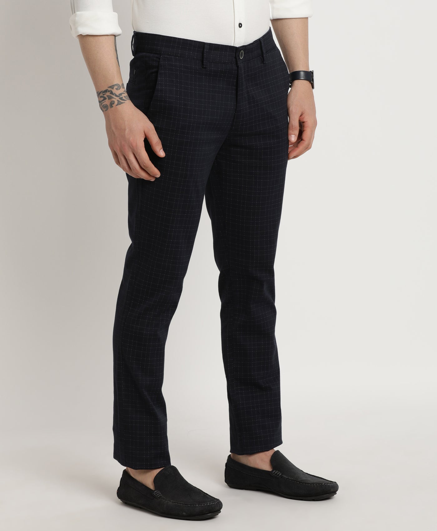 Cotton Stretch Navy Blue Checkered Narrow Fit Flat Front Casual Trouser