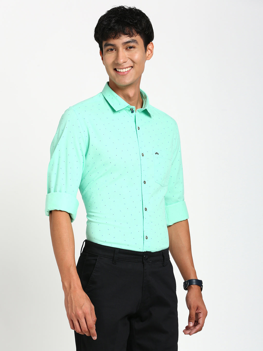 Cotton Tencel Sea Green Printed Slim Fit Full Sleeve Casual Shirt