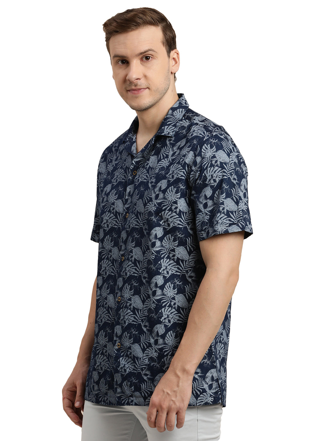 100% Cotton Indigo Navy Blue Printed Slim Fit Half Sleeve Casual Shirt