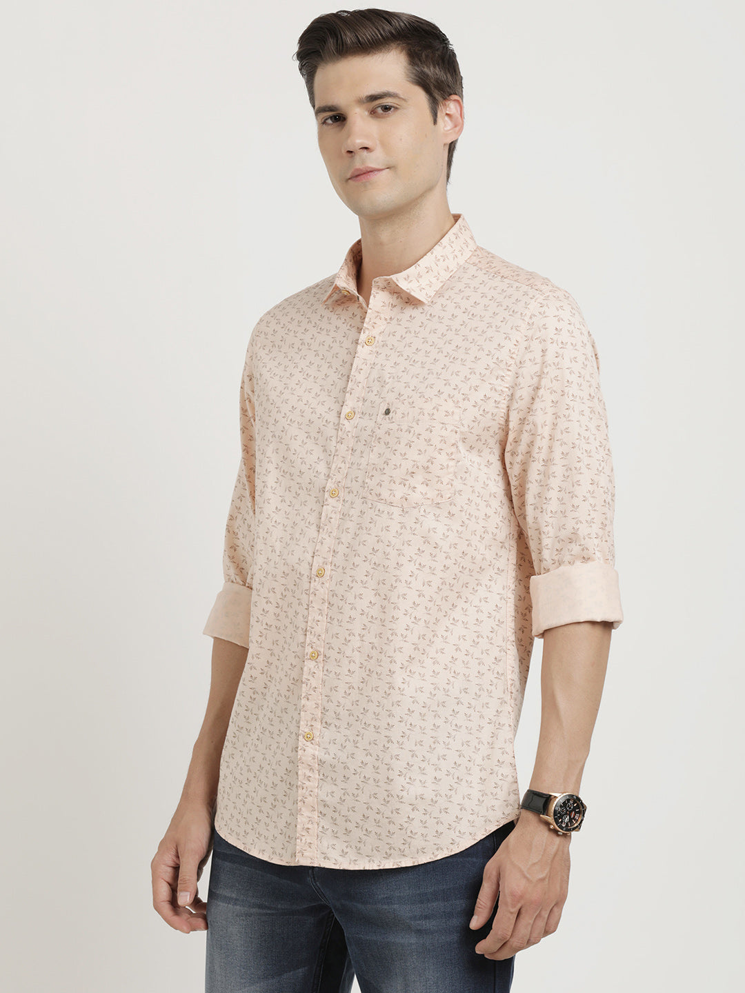 100% Cotton Light Pink Printed Slim Fit Full Sleeve Casual Shirt