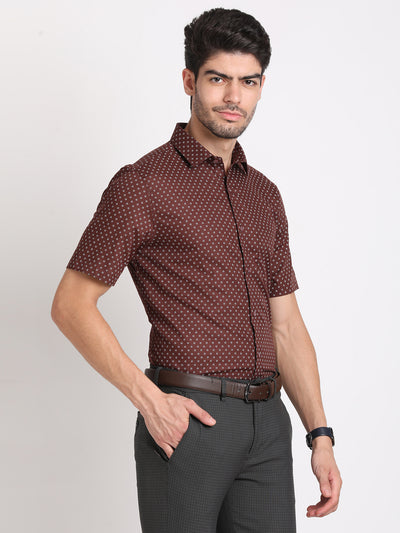 100% Cotton Brown Printed Regular Fit Half Sleeve Formal Shirt