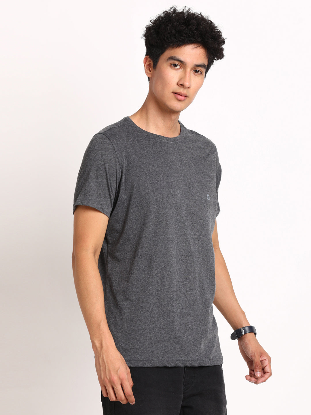 Essential 100% Cotton Charcoal Melange Chest Printed Round Neck Half Sleeve Casual T-Shirt