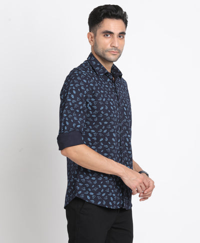 100% Cotton Navy Blue Printed Slim Fit Full Sleeve Casual Shirt