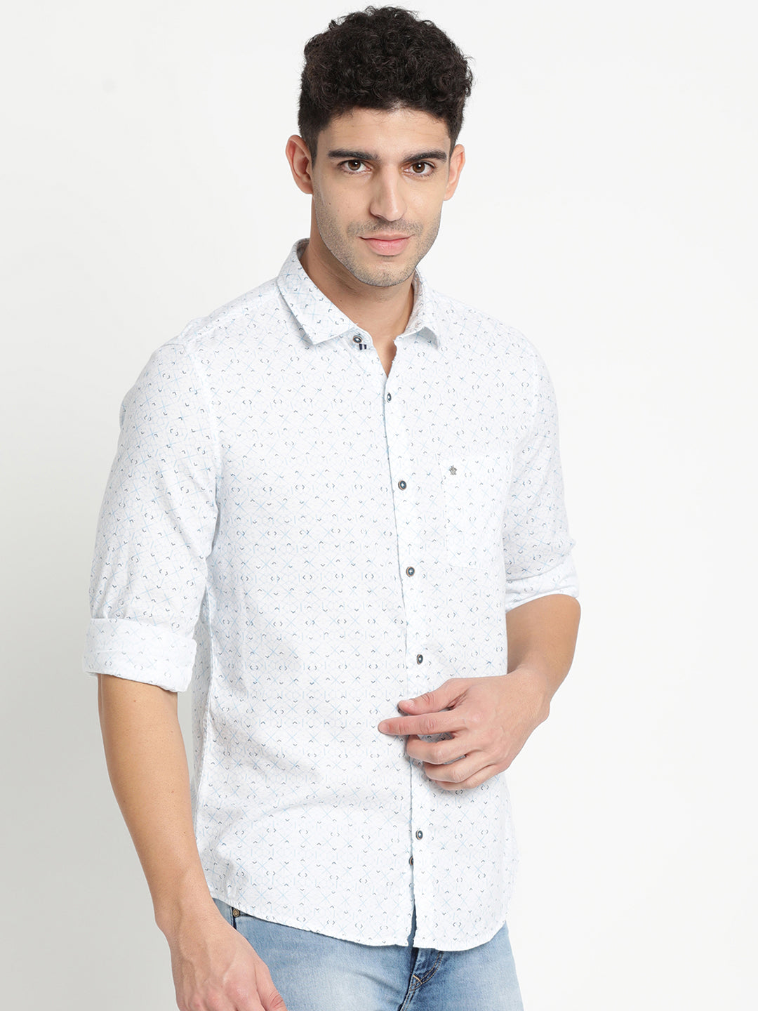 100% Cotton White Printed Slim Fit Full Sleeve Casual Shirt