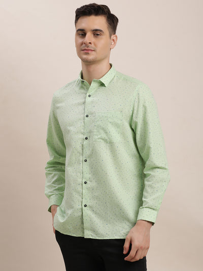 Cotton Linen Pista Green Printed Regular Fit Full Sleeve Formal Shirt