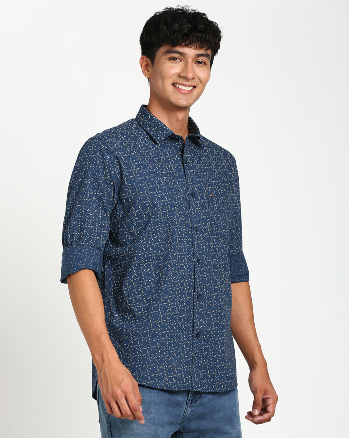 100% Cotton Navy Blue Printed Slim Fit Full Sleeve Casual Shirt