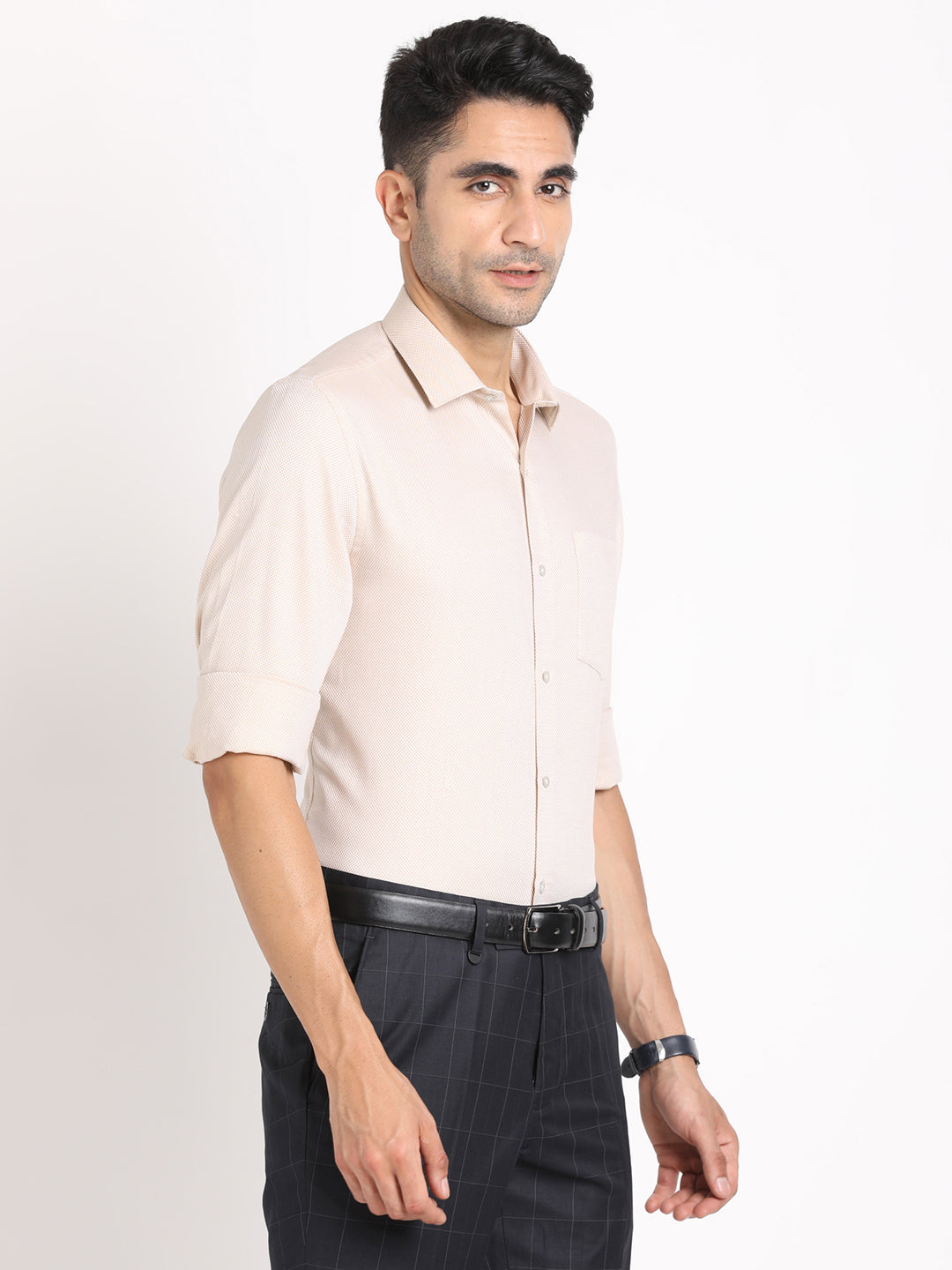 100% Cotton Beige Dobby Slim Fit Full Sleeve Formal Shirt