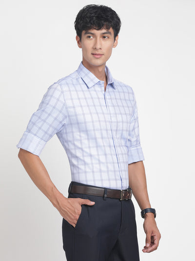 Giza Cotton Light Blue Checkered Slim Fit Full Sleeve Formal Shirt