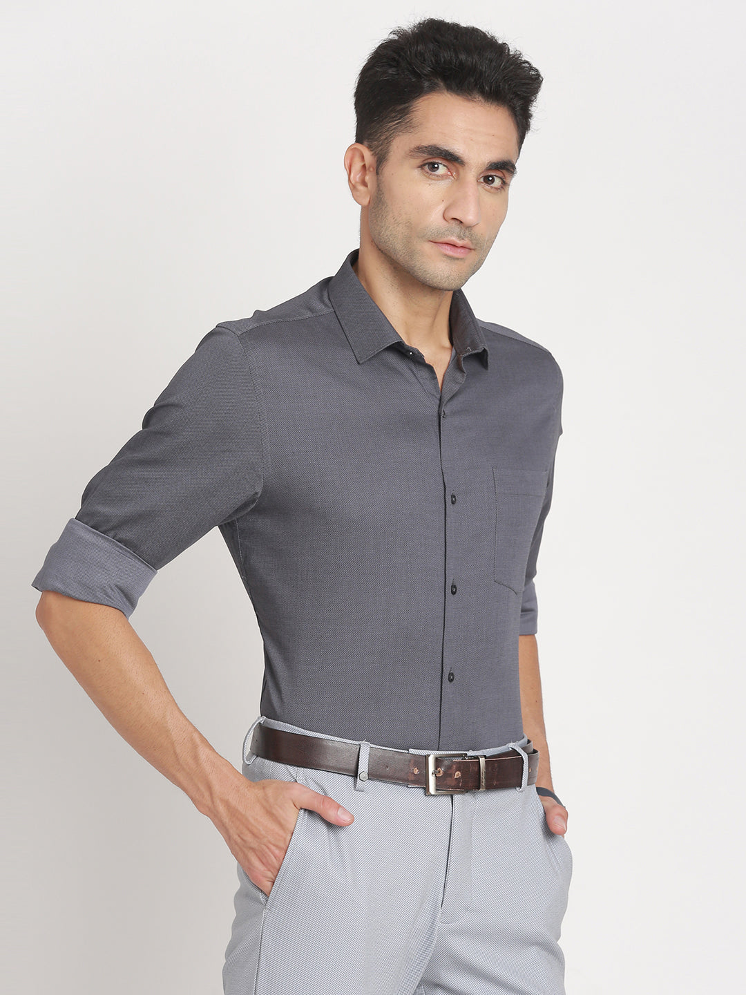 100% Cotton Grey Dobby Slim Fit Full Sleeve Formal Shirt