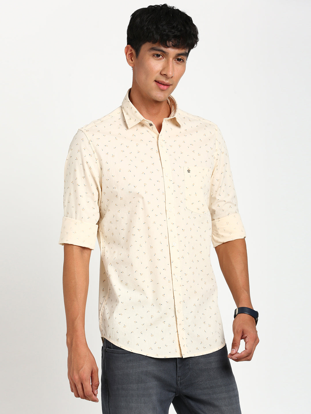 100% Cotton Beige Printed Slim Fit Full Sleeve Casual Shirt