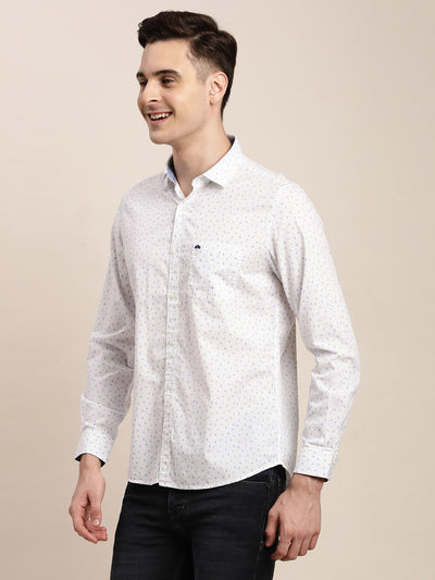 100% Cotton White Printed Slim Fit Full Sleeve Casual Shirt