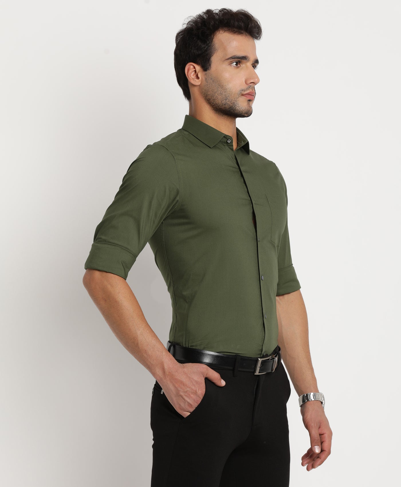 100% Cotton Olive Dobby Slim Fit Full Sleeve Ceremonial Shirt