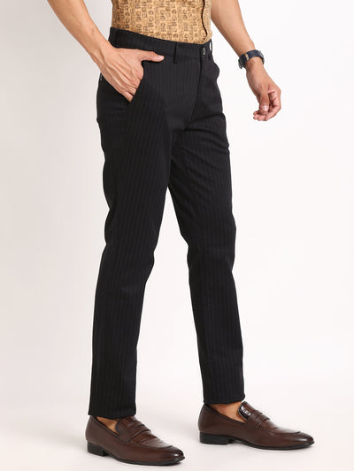 Cotton Stretch Black Printed Narrow Fit Flat Front Casual Trouser