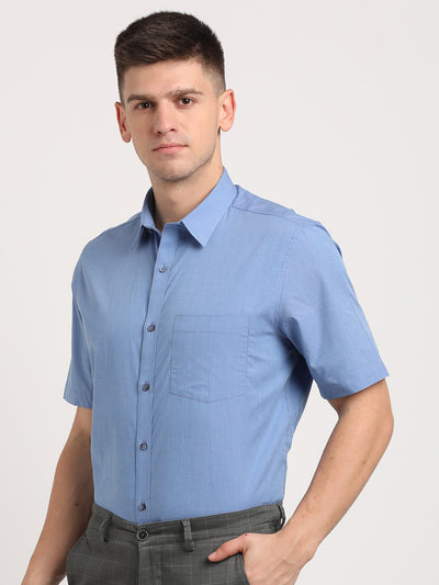 100% Cotton Blue Plain Regular Fit Half Sleeve Formal Shirt