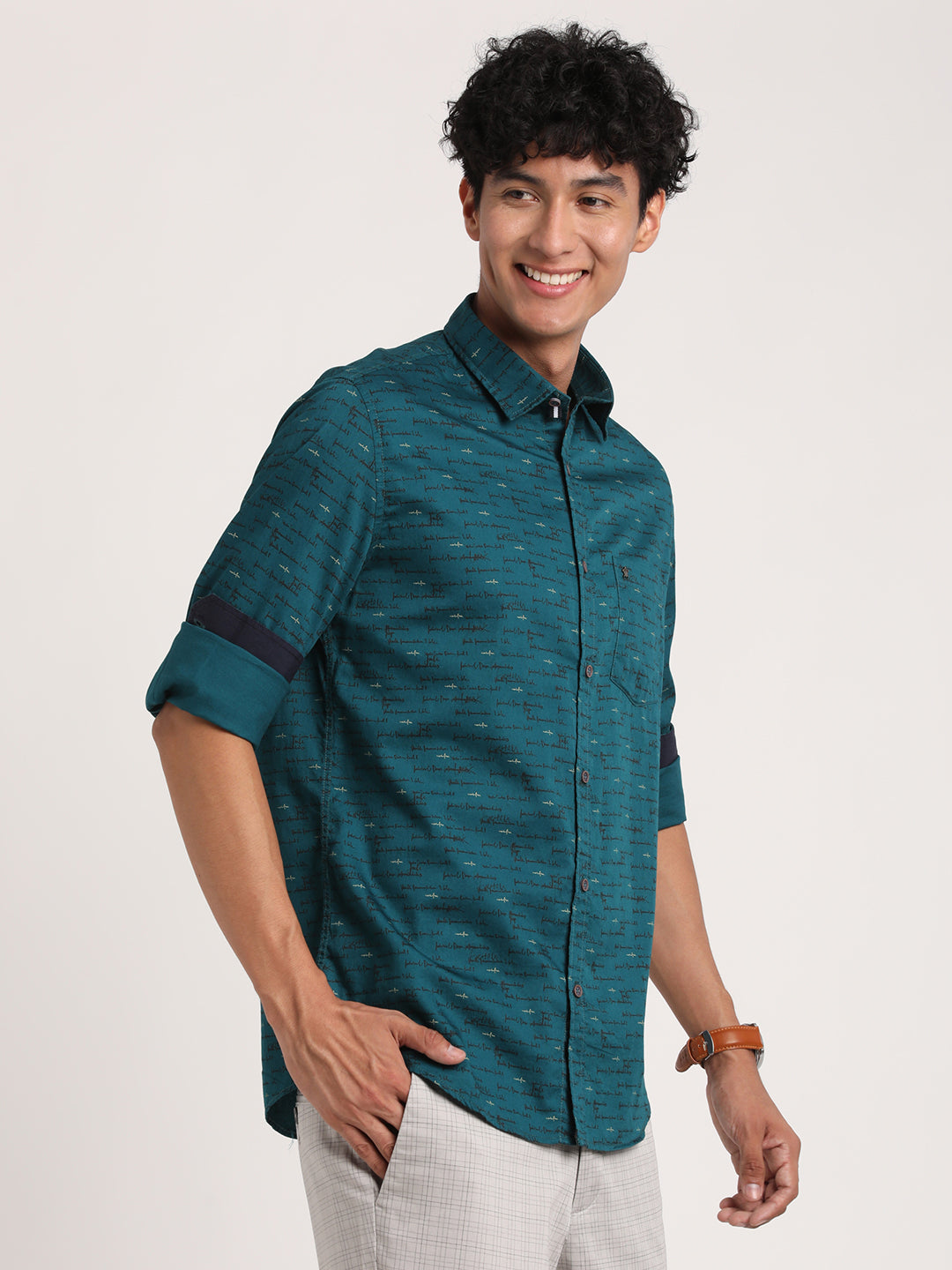 Turtle Men Pure Cotton Sea Green Printed Slim Fit Casual Shirts
